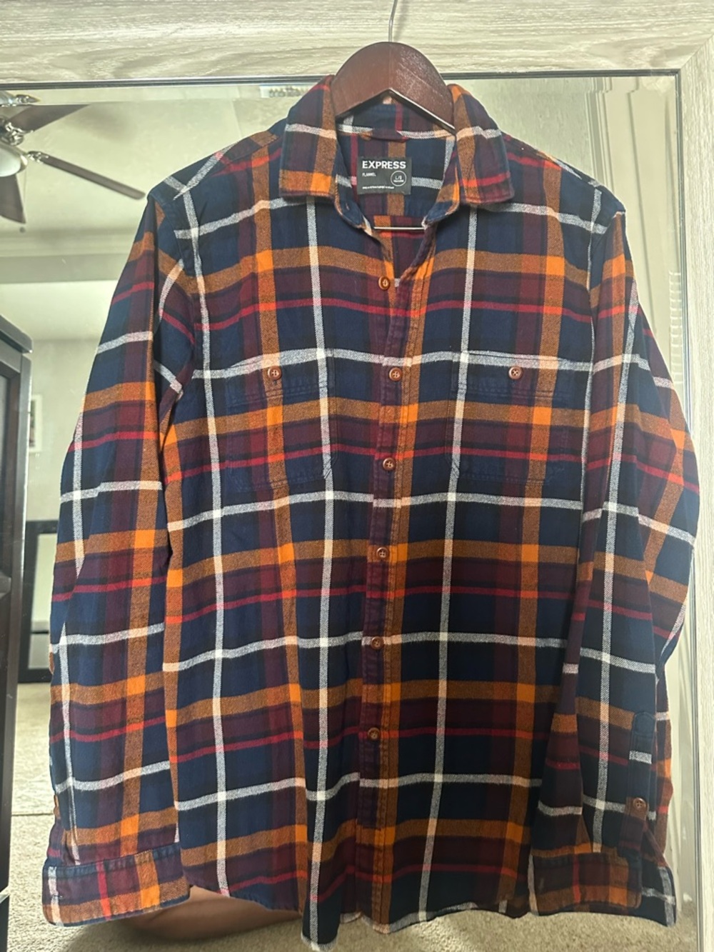 Express Men’s Navy Plaid Button-Down Shirt with Orange and Burgundy Stripes